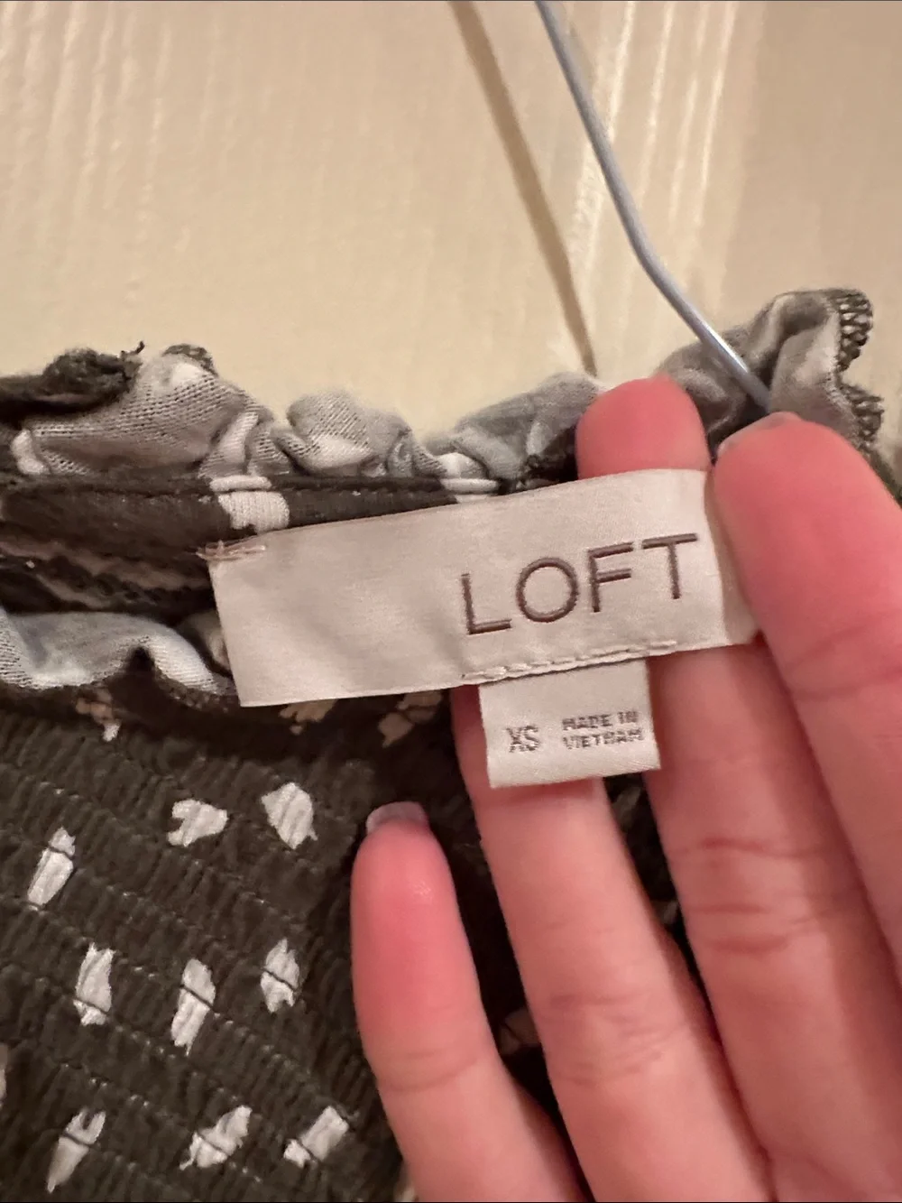 LOFT Olive Green Smocked Blouse with White Dot Print